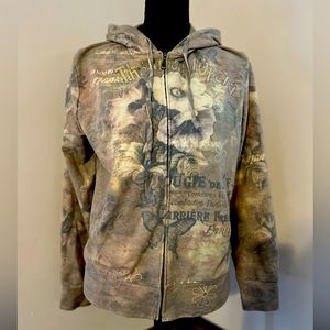 GreenTea full-zip knit jacket in size large. Subdued French floral motif. EUC